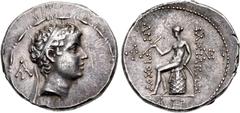 Greek SELEUKID EMPIRE. Antiochos V Eupator. 164-162 BC. AR Tetradrachm (30.5mm, 16.58 g, 12h). Ptolemaïs (Ake) mint. Struck 164 BC. Diademed head of Antiochos V as a young child right; AY monogram to 