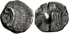 Greek JUDAEA, Achaemenid Province (Yehud). Anonymous. Circa 375-332 BCE. AR Gerah (6mm, 0.23 g, 7h). Ear (of God?) / Falcon upward, head right, wings spread; YHD (in Phoenician) to right. MCP YHD 13, 