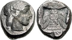 Greek PHILISTIA (PALESTINE), Askalon. Mid 5th century-333 BC. AR Didrachm (16.5mm, 7.80 g, 12h). Imitating Athens reverse type. Head of female right, with oriental hairstyle / Owl standing facing, win
