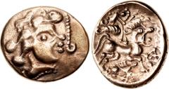 Celtic GAUL, Northwest. Baiocassi. Pale AV Stater (23mm, 7.17 g, 9h). Celticized head right, hair flowing around; above, boar(?) standing right; ornament hanging to right / Celticized biga right, char