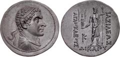 Oriental Greek BAKTRIA, Greco-Baktrian Kingdom. Agathokles Dikaios. Circa 185-175 BC. AR Tetradrachm (33mm, 16.94 g, 12h). Diademed and draped bust right / BAΣIΛEYΩΣ to right, AΓAΘOKΛEOYΣ to left, ΔIK