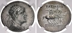 Oriental Greek BAKTRIA, Greco-Baktrian Kingdom. Eukratides I Megas. Circa 170-145 BC. AR Tetradrachm (33mm, 16.96 g, 12h). Diademed and draped bust right / BAΣIΛEΩΣ MEΓAΛOY around, EYKPATIΔOY in exerg