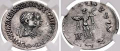 Oriental Greek BAKTRIA, Indo-Greek Kingdom. Agathokleia & Strato I Soter. Circa 105-85/0 BC. AR Tetradrachm (33mm, 9.77 g, 12h). BAΣIΛEΩΣ ΣΩTHPOΣ ΣTPATΩNOΣ KAI AΓAΘOKΛEIΑΣ, diademed and draped bust of