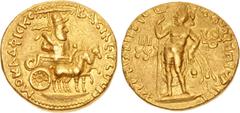 The Archytas Collection INDIA, Kushan Empire. Vima Kadphises. Circa AD 113-127. AV Double Dinar (25 mm, 15.94 g, 12h). Main mint in Baktria. BACIΛЄYC OOH MO KAΔΦICKC (sic), diademed and crowned figure