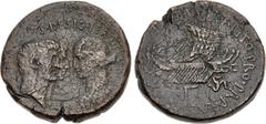 Roman Provincial ACHAEA. Mark Antony, with Octavian and Octavia. Late Summer-Autumn 38 BC. Æ Tressis (33mm, 25.76 g, 7h). 'Fleet coinage' issue. Heavy series. Uncertain naval base mint (Piraeus?); M. 