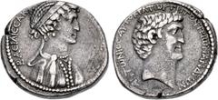 Roman Provincial SELEUCIS and PIERIA, Antioch. Mark Antony & Cleopatra. Circa 36-34 BC. AR Tetradrachm (26mm, 14.90 g, 12h). BACIΛICCA KΛ[ЄOΠATPA ΘЄA NЄ]ωTЄPA, diademed bust of Cleopatra right, wearin