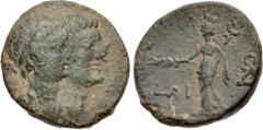Roman Provincial PHOENICIA, Dora. Mark Antony & Cleopatra. 34-33 BC. Æ (22mm, 7.28 g, 12h). Dated RY 19 (Egyptian) of Cleopatra (34/3 BC). Conjoined diademed and draped bust of Cleopatra, and bare hea