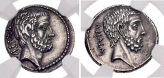 Roman Republican Q. Servilius Caepio (M. Junius) Brutus. 54 BC. AR Denarius (17.5mm, 3.76 g, 10h). Rome mint. Bare head of L. Junius Brutus right; BRVTVS downward to left / Bare head of C. Servilius A