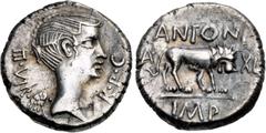 Roman Republican The Triumvirs. Mark Antony. Early 42 BC. AR Quinarius (12.5mm, 1.91 g, 5h). Lugdunum (Lyon) mint. Winged bust of Victory right, with the likeness of Fulvia; III • VIR • R • P • C / Li