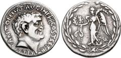 Roman Republican The Triumvirs. Mark Antony. Summer 31 BC. AR Denarius (19mm, 3.73 g, 1h). Uncertain mint (Actium?); D. Turullius, moneyer. Bare head right; M • ANTONIVS AVG IMP IIII COS TERT III VIR 