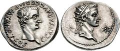 Roman Imperial Gaius (Caligula), with Divus Augustus. AD 37-41. AR Denarius (20mm, 3.74 g, 12h). Lugdunum (Lyon) mint. 1st emission, after 18 March AD 37. C • CAESAR • AVG • GERM • P • M • TR • POT • 