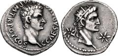 Roman Imperial Gaius (Caligula), with Divus Augustus. AD 37-41. AR Denarius (19mm, 3.55 g, 1h). Lugdunum (Lyon) mint. 1st emission, after 18 March AD 37. C • CAESAR • AVG • [G]ERM • P • M • TR • POT •