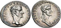 Roman Imperial Gaius (Caligula), with Agrippina Senior. AD 37-41. AR Denarius (19mm, 3.35 g, 5h). Lugdunum (Lyon) mint. C • CAESAR • AVG • GERM • P • M • TR • POT •, bare head of Gaius (Caligula) righ