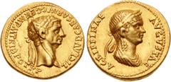 Roman Imperial Claudius, with Agrippina Junior. AD 41-54. AV Aureus (19mm, 7.75 g, 6h). Lugdunum (Lyon) mint. Struck AD 50-51. TI CLAVD CAESAR AVG GERM P M TRIB POT P P, laureate head of Claudius righ