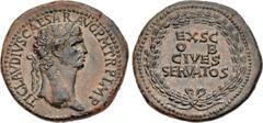 Roman Imperial Claudius. AD 41-54. Æ Sestertius (37.5mm, 23.38 g, 6h). Rome mint. Struck AD 41-42. TI CLAVDIVS CAESAR AVG P M TR P IMP, laureate head right / EX S C/ O B/ CIVES/ SERVATOS in four lines