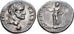 Roman Imperial Galba. AD 68-69. AR Denarius (17.5mm, 3.46 g, 8h). Spanish mint (Tarraco?). Struck circa April-late AD 68. GALBA IMP, laureate head right, globe at point of neck / HISPANIA, Hispania st