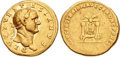 Roman Imperial Divus Vespasian. Died AD 79. AV Aureus (19mm, 6.96 g, 7h). Restitution issue. Rome mint. Struck under Trajan, circa AD 107 or 112/113. DIVVS • VESPASIANVS •, laureate head right / IMP C