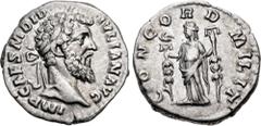 Roman Imperial Didius Julianus. AD 193. AR Denarius (18mm, 2.84 g, 1h). Rome mint. IMP CAES M DID IVLIAN AVG, laureate head right / CONCORD MILIT, Concordia, draped, standing left, holding aquila in r