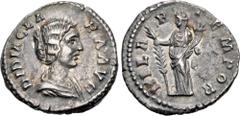 Roman Imperial Didia Clara. Augusta, AD 193. AR Denarius (18mm, 2.87 g, 1h). Rome mint. Struck under Didius Julianus. DIDIA CL ARA AVG, draped bust right / HILA R TEMPOR, Hilaritas standing left, hold