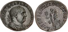 Roman Imperial Balbinus. AD 238. AE Sestertius (31mm, 17.66 g, 1h). Rome mint. Special emission. IMP CAES D CAEL BALBINVS AVG, laureate, draped, and cuirassed bust right / LIBERALITAS AVGVSTORVM, S C 