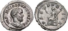 Roman Imperial Pupienus. AD 238. AR Denarius (21mm, 2.50 g, 7h). Rome mint. 1st emission. IMP C M CLOD PVPIENVS AVG, laureate, draped, and cuirassed bust right / PAX PVBLICA, Pax, draped, seated left 