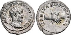 Roman Imperial Pupienus. AD 238. AR Antoninianus (22mm, 5.89 g, 7h). Rome mint. 2nd emission. IMP CAES PVPIEN MAXIMVS AVG, radiate, draped, and cuirassed bust right / CARITAS MVTVA AVGG, clasped right