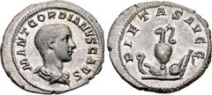 Roman Imperial Gordian III. As Caesar, AD 238. AR Denarius (20mm, 2.73 g, 7h). Rome mint. 1st emission of Balbinus and Pupienus. M ANT GORDIANVS CAES, bareheaded and draped bust right / PIETAS AVGG, p