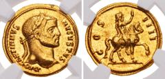 Roman Imperial Diocletian. AD 284-305. AV Aureus (20mm, 5.30 g, 6h). Cyzicus mint. Struck AD 290-292. DIOCLETIANVS AVGVSTVS, laureate head right / COS IIII, emperor on horseback right, raising right h
