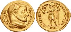 Roman Imperial Maxentius. AD 307-312. AV Aureus (19mm, 5.05 g, 1h). Rome mint. Struck AD 307. IMP MAXEN TIVS P F AVG, laureate head right / VICTORIAS AVGG ET CAES N, Maxentius standing left, wearing s