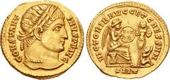 Roman Imperial Constantine I. AD 307/310-337. AV Solidus (19mm, 4.44 g, 6h). Ticinum mint. Struck AD 324. CONSTANTINVS P F AVG, laureate head right / VICTORIB AVGG ET CAESS NN, Victory seated right on