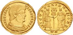 Roman Imperial Decentius. Caesar, AD 350/1-353. AV Solidus (25mm, 3.96 g, 7h). Treveri (Trier) mint. Struck AD 353. D N DECENTI VS FORT CAES, bare-headed, draped and cuirassed bust right / VICT AVG LI