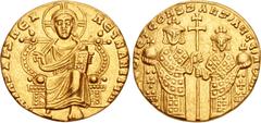 Byzantine Leo VI the Wise, with Constantine VII. 886-912. AV Solidus (19.5mm, 4.27 g, 6h). Constantinople mint. Struck 908-912. + IhS XPS RЄX RЄGNANTIЧm, Christ Pantokrator seated facing on throne wit