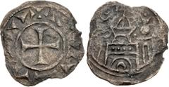 Early Medieval & Islamic CRUSADERS, Latin Kingdom of Jerusalem. Jerusalem Pilgrim Coinage. 12th century. BI Denier (17mm, 0.93 g, 6h). + S[Λ]N Λ[CRC]Λ (sic), cross pattée / Medieval façade of the al-A