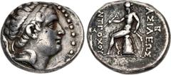 Greek SELEUKID EMPIRE. Antiochos, son of Seleukos IV. 175 BC. AR Tetradrachm (27mm, 16.97 g, 12h). Tarsos mint. Diademed head of Seleukos IV right / Apollo, nude, seated left on omphalos, testing arro
