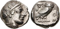 Greek ATTICA, Athens. Circa 454-404 BC. AR Tetradrachm (24mm, 17.09 g, 4h). Helmeted head of Athena right, with frontal eye / Owl standing right, head facing, closed tail feathers; olive spray and cre