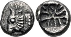 Greek LYCIA, Uncertain. Circa 520-470/60 BC. AR Third Stater (12.5mm, 2.91 g). Predynastic period. Head of bull or calf left / Incuse square with internal lines of uncertain pattern. Müseler –; Falghe