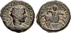 Roman Provincial JUDAEA, Caesarea Maritima. Volusian. AD 251-253. Æ (23mm, 12.34 g, 6h). Radiate, draped, and cuirassed bust right, seen from behind / Volusian on horseback right, holding transverse s