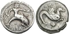 CALABRIA, Tarentum. Circa 500-490 BC. AR Nomos (7.93 g, 8h). Phalanthos riding dolphin right, holding cuttlefish / Hippocamp right; cockle shell below. Fischer-Bossert, group 2, 20 (V9/R15); Vlasto 11