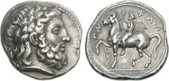 KINGS of MACEDON. Philip II. 359-336 BC. AR Tetradrachm (14.41 g, 6h). Amphipolis mint. Lifetime issue, struck circa 355-349/8 BC. Laureate head of Zeus right / Philip II on horseback left; bow below 