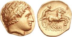 KINGS of MACEDON. Philip II. 359-336 BC. AV Stater (8.60 g, 1h). Kolophon mint. Struck circa 323-316 BC. Laureate head of Apollo right / Charioteer driving biga right; tripod below horses. Le Rider pl