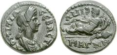 LYDIA, Magnesia ad Sipylum. Domitia. Augusta, AD 82-96. Æ 15mm (3.32 g, 12h). Draped bust right / River-god Sipylus reclining left on overturned urn, holding reed and cornucopia. LS -; SNG München 264