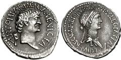 Mark Antony and Cleopatra. Autumn 34 BC. AR Denarius (3.80 g, 2h). Alexandria mint. Bare head of Mark Antony right; Armenian tiara behind / Diademed and draped bust of Cleopatra VII Philopater, right;