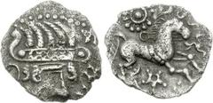 CELTIC, Iceni. Uninscribed. Circa 65-1 BC. AR Unit (1.37 g, 12h). Bury B (Early Face-Horse A) type. Struck circa 50-40 BC. Celticized diademed head right; three pierced five-pointed stars to right / C