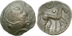 CELTIC, Iceni. Uninscribed. Circa 65-1 BC. AR Unit (1.17 g, 10h). Large Flan C (Early Face-Horse Cc) type. Struck circa 50-30 BC. Celticized head right, with celticized flower in mouth / Celticized ho