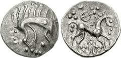 CELTIC, Iceni. Uninscribed. Circa 65-1 BC. AR Unit (1.25 g, 9h). Boar-Horse C type. Struck circa 35-25 BC. Celticized boar right, with pellet on shoulder; pellets around / Celticized horse right; whee