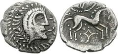 CELTIC, Iceni. Queen Boudicca. Circa AD 61. AR Unit (1.07 g, 11h). Normal Face-Horse A type. Celticized head right; branch to left, trefoils to right / Celticized horse right; pellet below tail, wheel