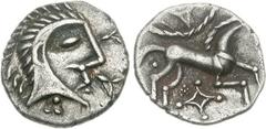 CELTIC, Iceni. Queen Boudicca. Circa AD 61. AR Unit (1.22 g, 8h). Normal Face-Horse B/C type. Celticized head right; branch to left, three pellets below, trefoils to right / Celticized horse right; pe