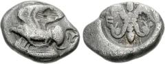 ELIS, Olympia. 78th-80th Olympiad. 468-460 BC. AR Drachm (5.53 g, 12h). Eagle flying left, holding serpent in its beak and talons; c/m to right: triskeles within incuse / Thunderbolt, with wings above