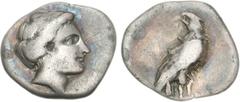 ELIS, Olympia. 106th-107th Olympiad. 356-352 BC. AR Hemidrachm (2.52 g, 6h). Hera mint. Head of the nymph Olympia right / Eagle standing right, head left, wings folded. BCD Olympia -; BCD Peloponnesos