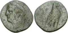 ELIS, Olympia. Early 30s BC. Æ 2 Assaria (9.04 g, 12h). Head of Hera left, wearing ornamented stephane / Eagle standing right, wings closed, on thunderbolt; monogram to right. BCD Olympia -; BCD Pelop
